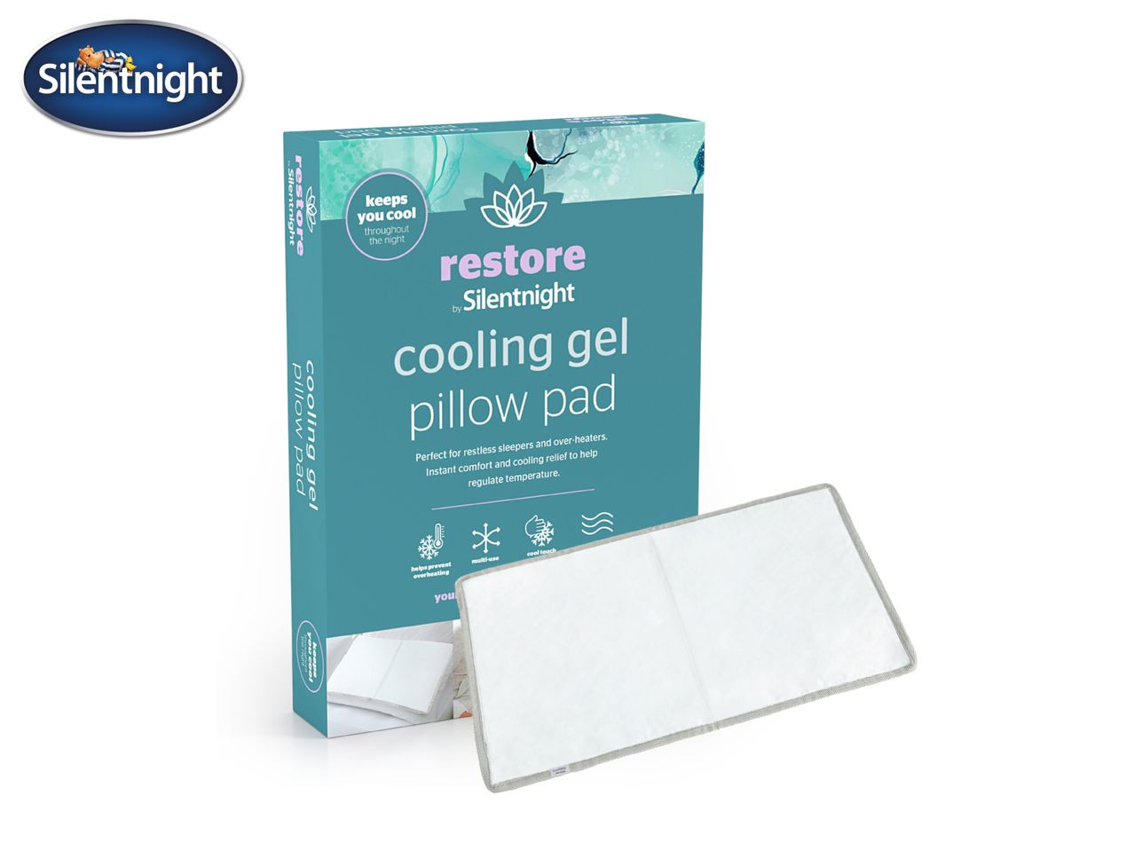 Cooling gel pillow pad packaging with text: 'keeps you cool throughout the night' and product features.