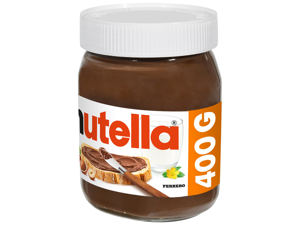 Pot de pâte à tartiner au chocolat et aux noisettes avec une étiquette montrant du pain tartiné.