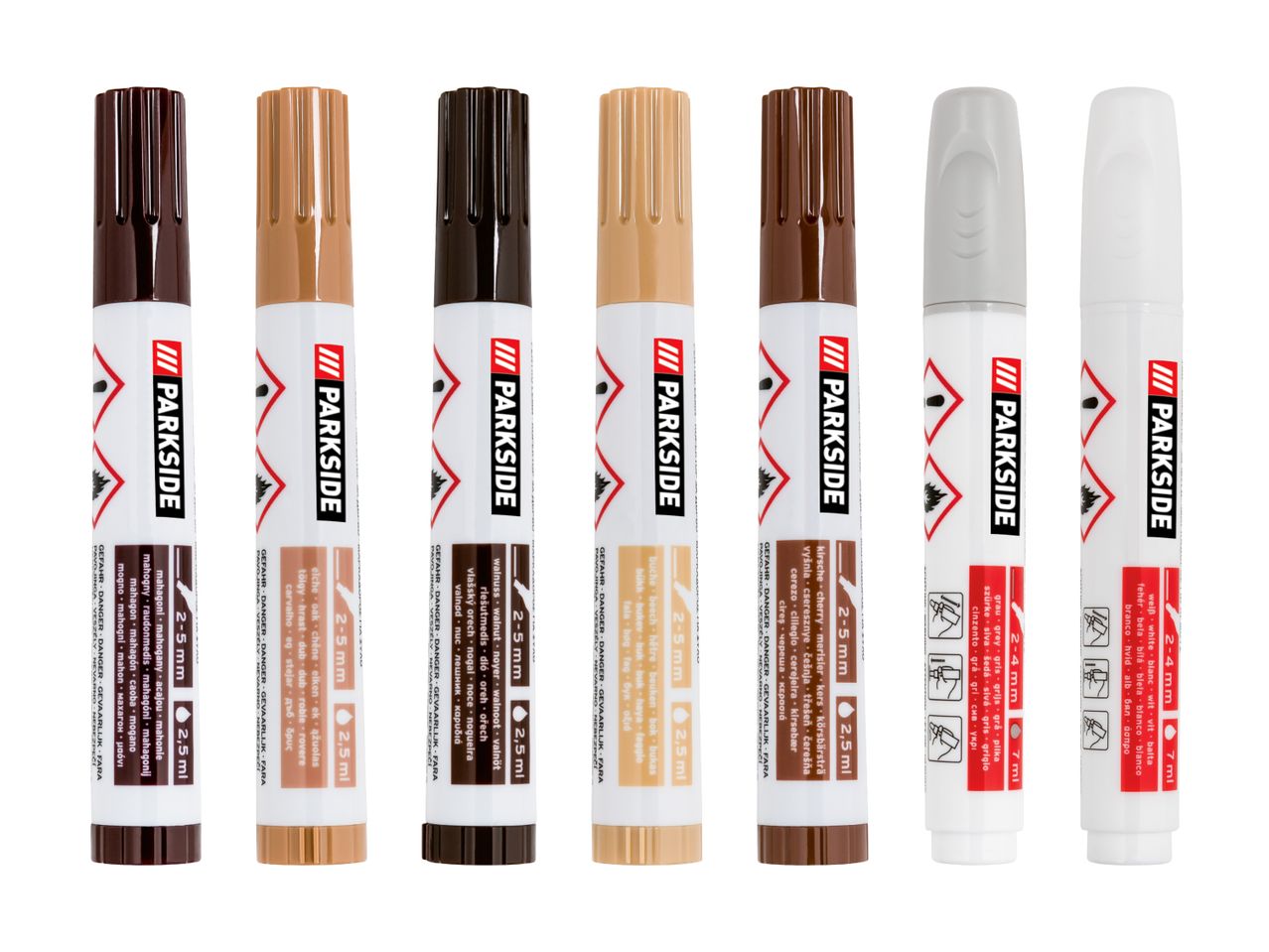 Acht Rust-Oleum Holzreparaturmarker in verschiedenen Farben.