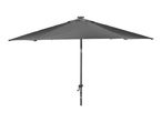 Dark grey patio umbrella with a crank handle and a solar-powered light on top.