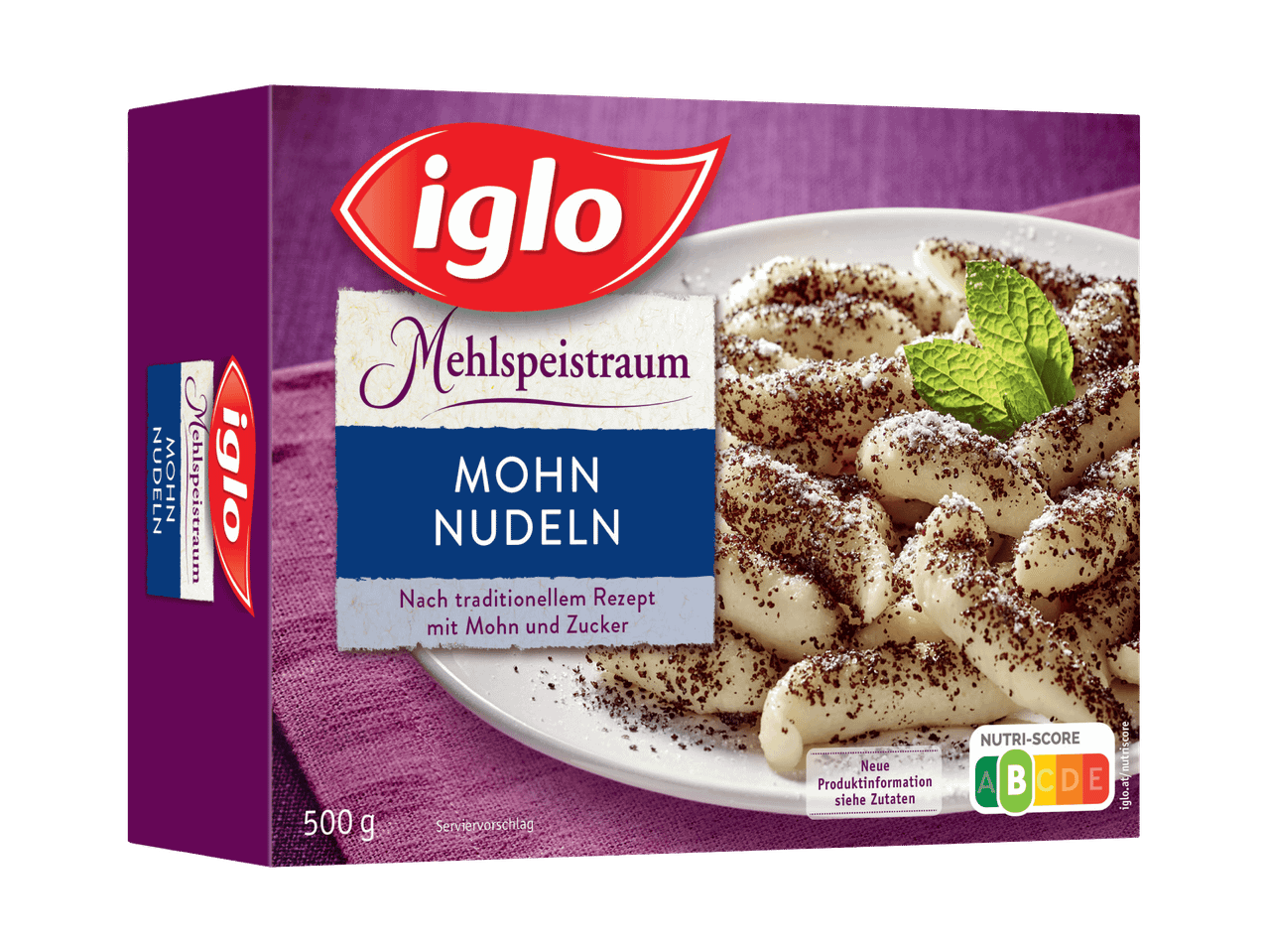 Iglo Mohnnudeln Packung mit Nutri-Score und Serviervorschlag.