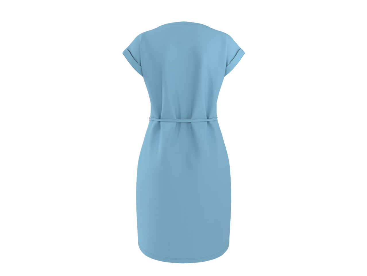 Pogled otpozadi na svetloplavu haljinu kratkih rukava sa vezivanjem u struku.