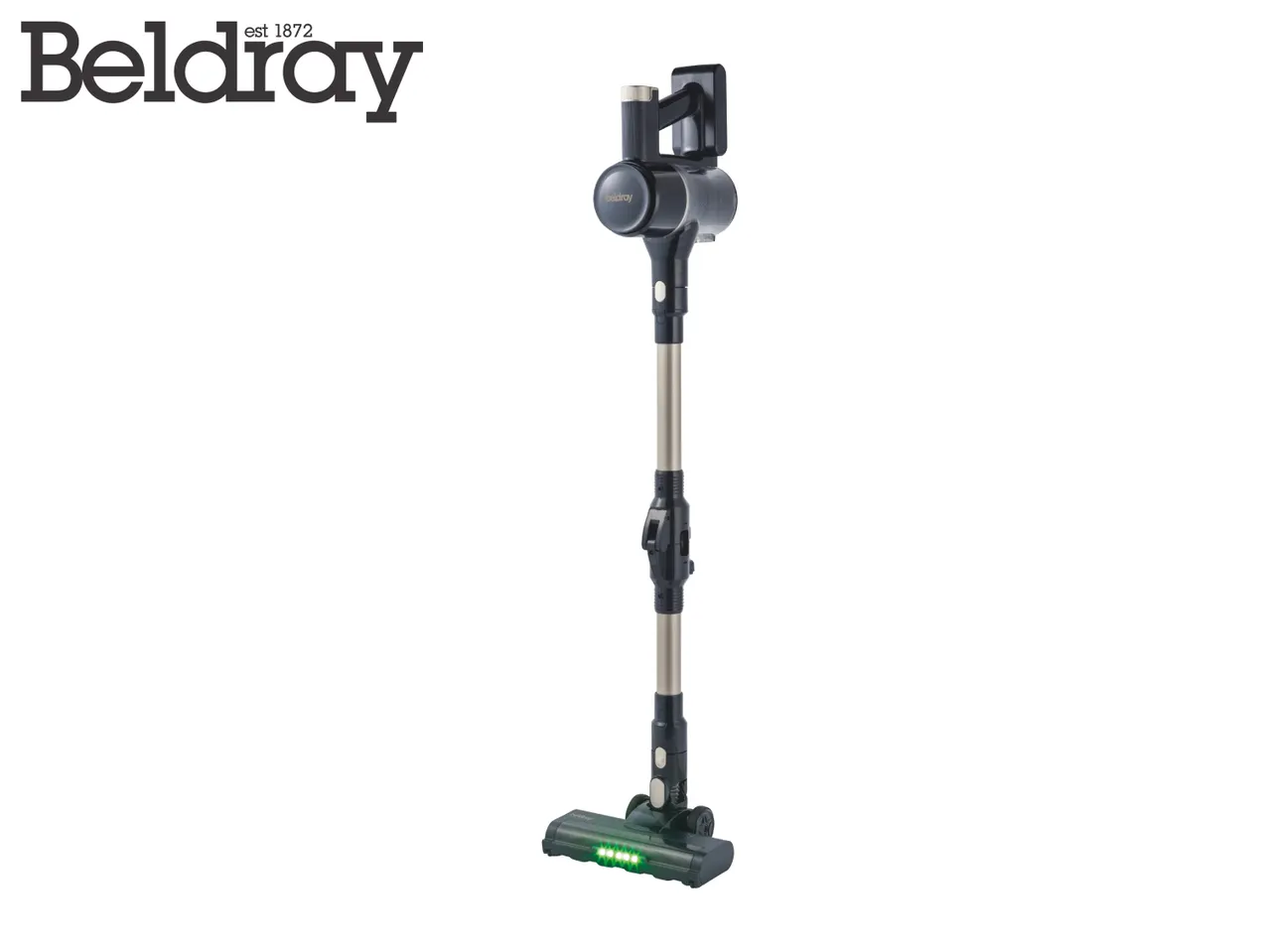 A dark grey and silver stick vacuum cleaner with green LED lights on the brush head.