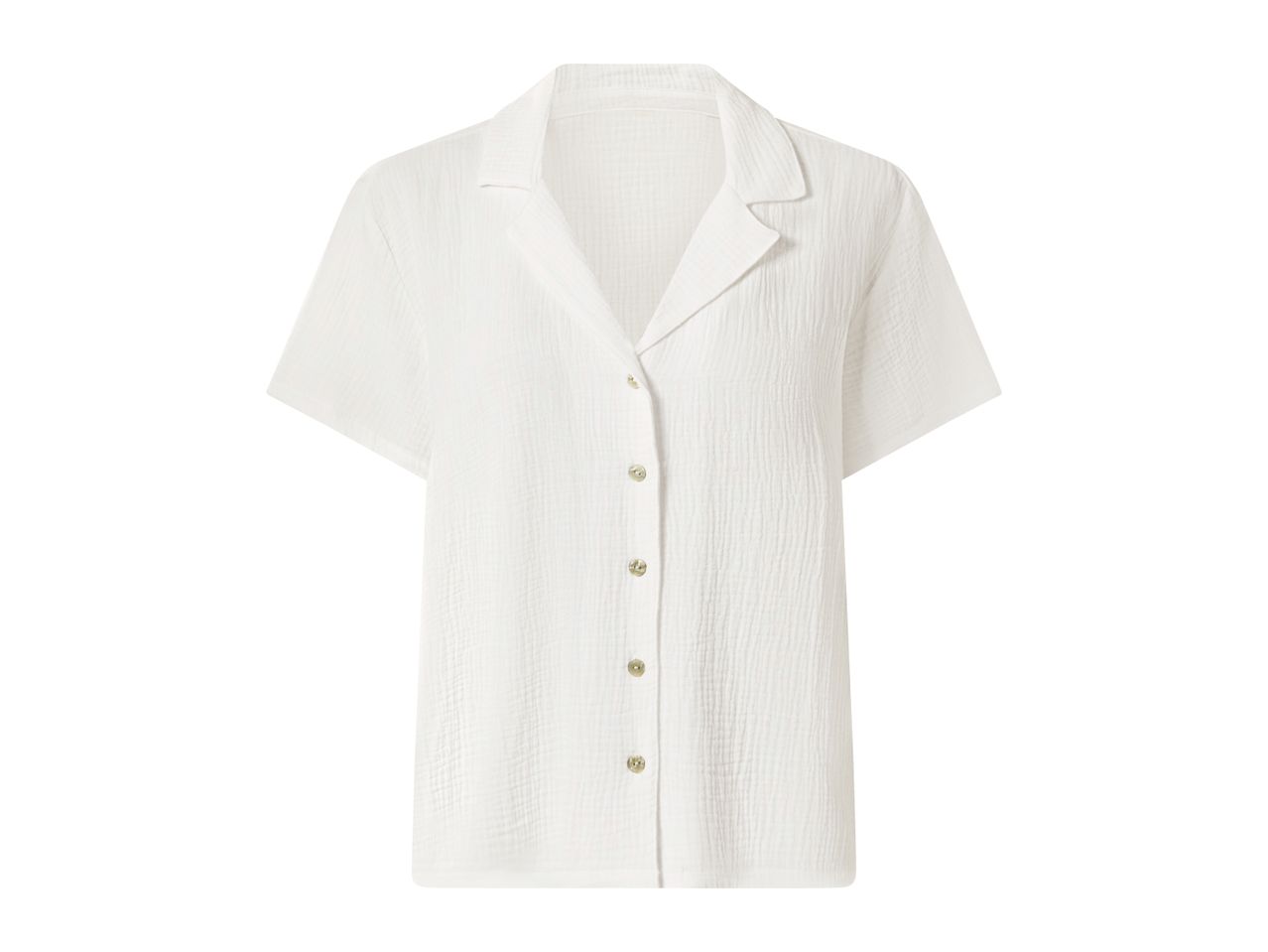 White short-sleeved button-up shirt with a textured fabric and a camp collar.
