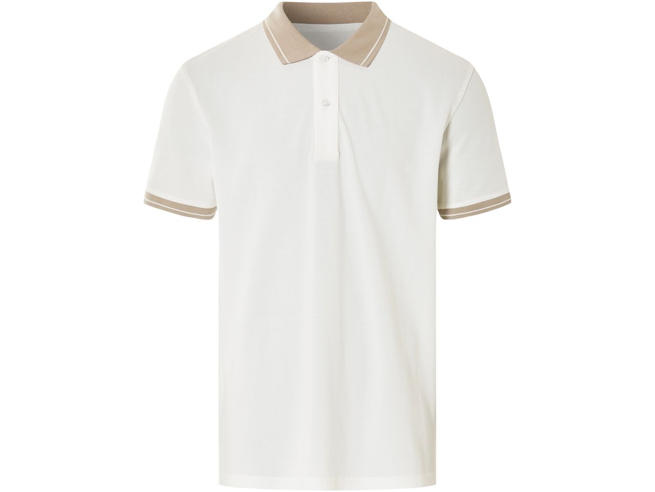 A classic men's white polo shirt with beige collar and sleeve trim.