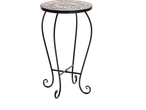 Round mosaic side table with a black wrought iron frame and scrolled feet.