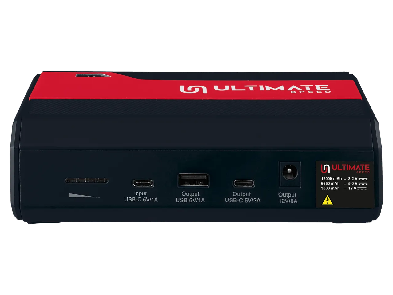 Power bank Ultimate Speed com portas USB-C, USB e saída 12V/8A.