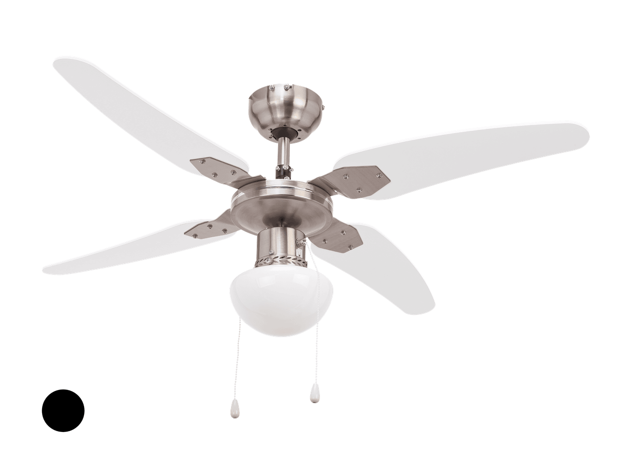Deckenventilator mit fünf weißen Flügeln und einer weißen Glaskugel-Leuchte.