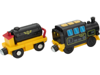 Two Lupilu® Premium Remote Control Train/Tram cars, black and yellow, on a white background.