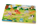 Wooden safari animal maze puzzle with giraffe, elephant, lion, and other animals.