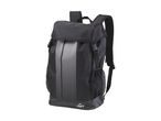 Black backpack with white dotted stripes, mesh side pockets, and padded shoulder straps.