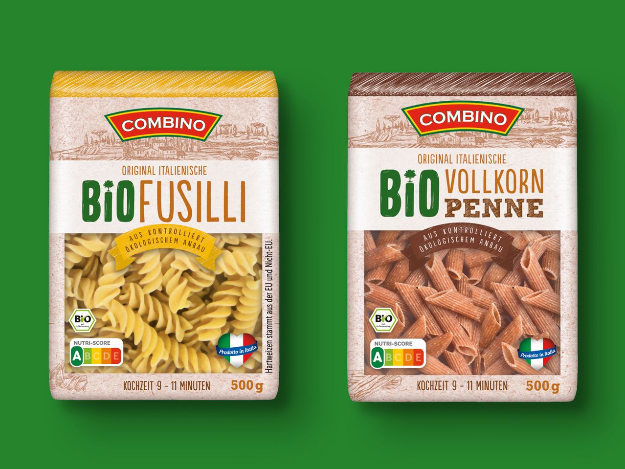 Combino Bio-Pasta: Fusilli und Vollkorn-Penne.
