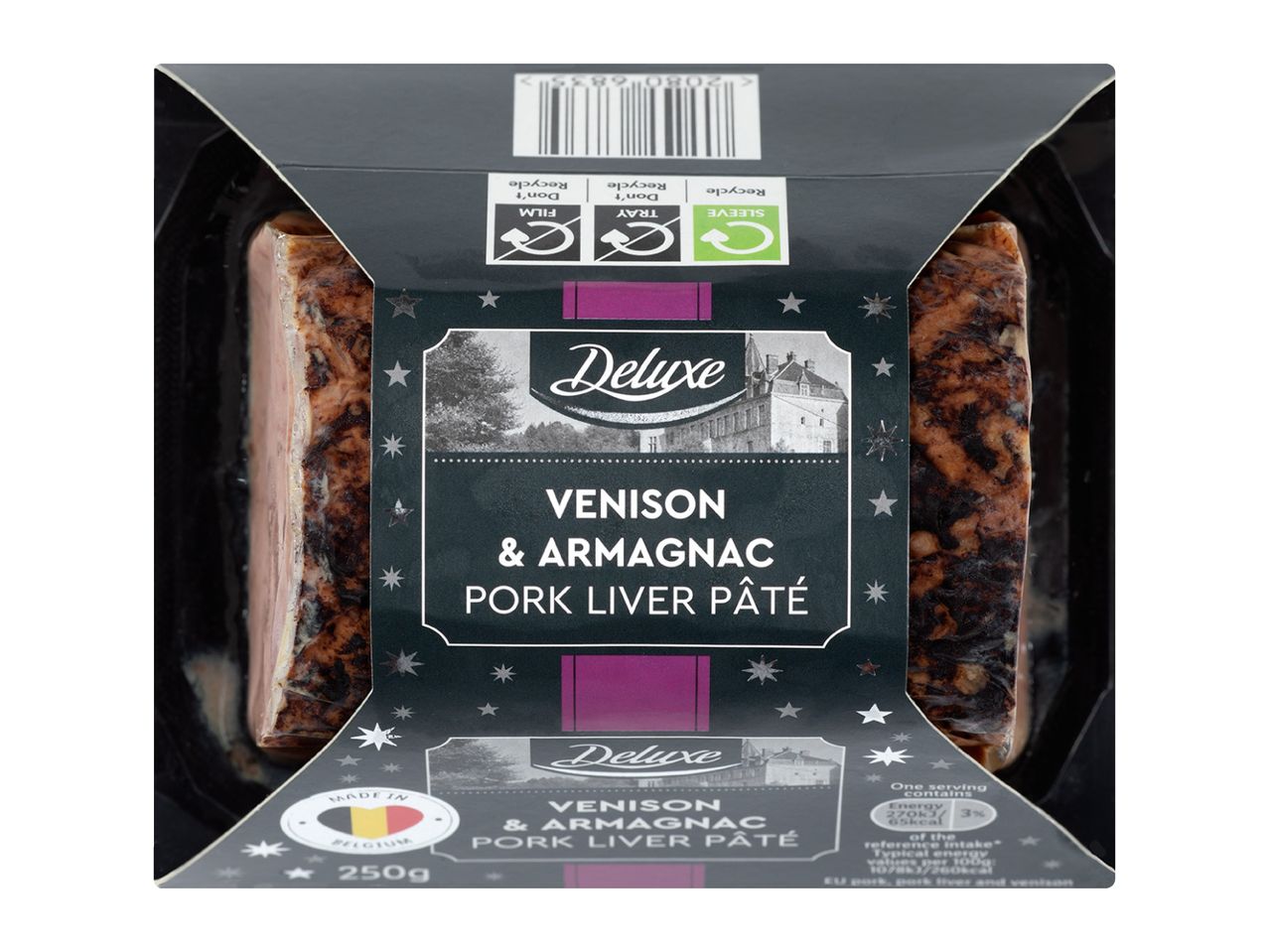 Venison & Armagnac Pork Liver Pâté in a black tray with a decorative sleeve, 250g.