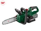 Cordless chainsaw with a green body and black handles, featuring an 18+ age rating.