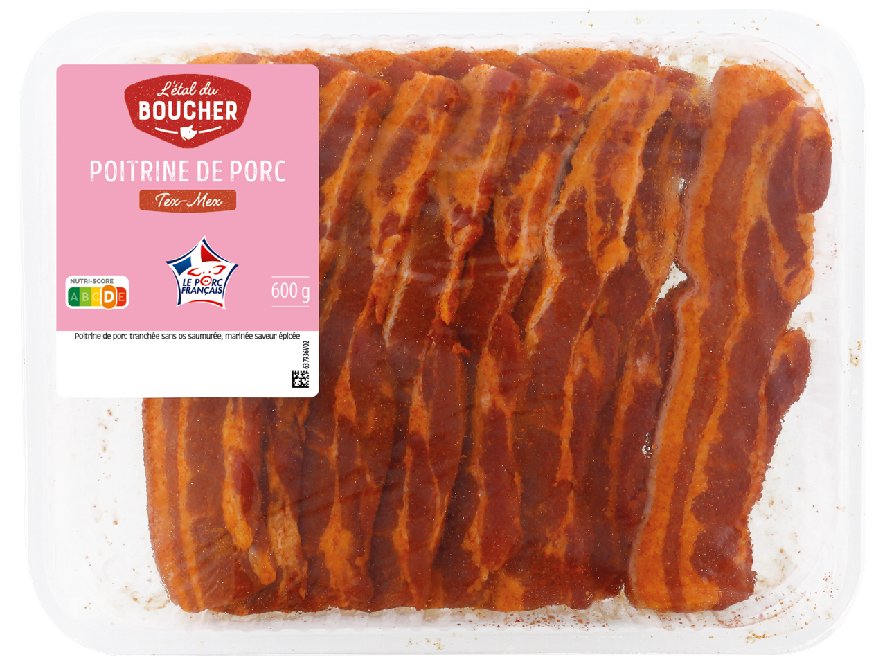 Poitrine de porc Tex-Mex, 600g, Nutri-Score C, Le Porc French.