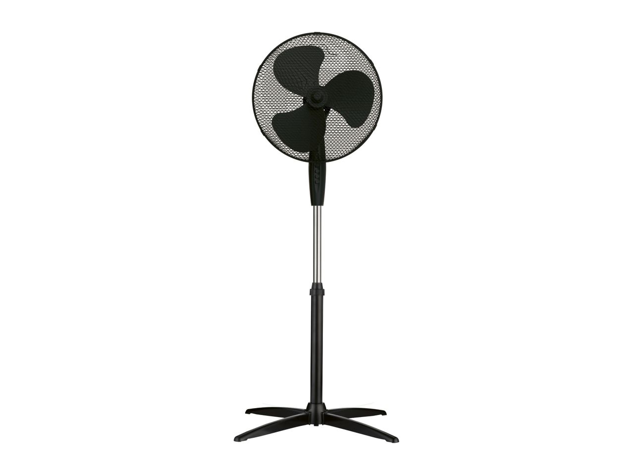 A black pedestal fan with a gray metal grill.
