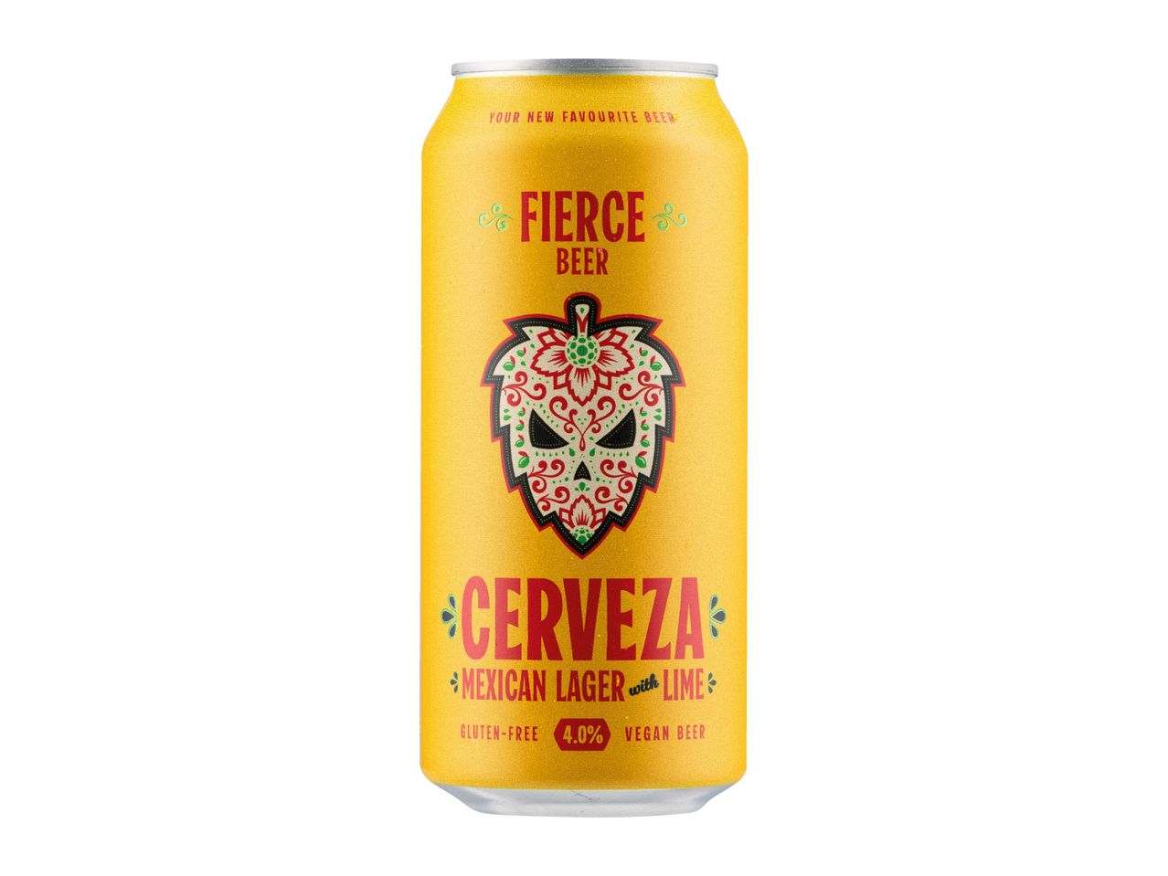 Yellow beer can with a decorative hop cone design, labeled as Mexican Lager with Lime.