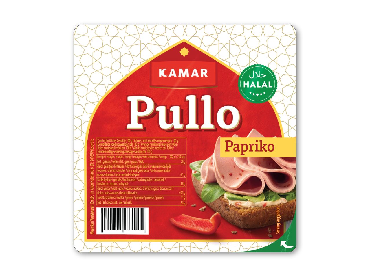 Halal kyllingepålæg med paprika, serveret på rugbrød med salat.