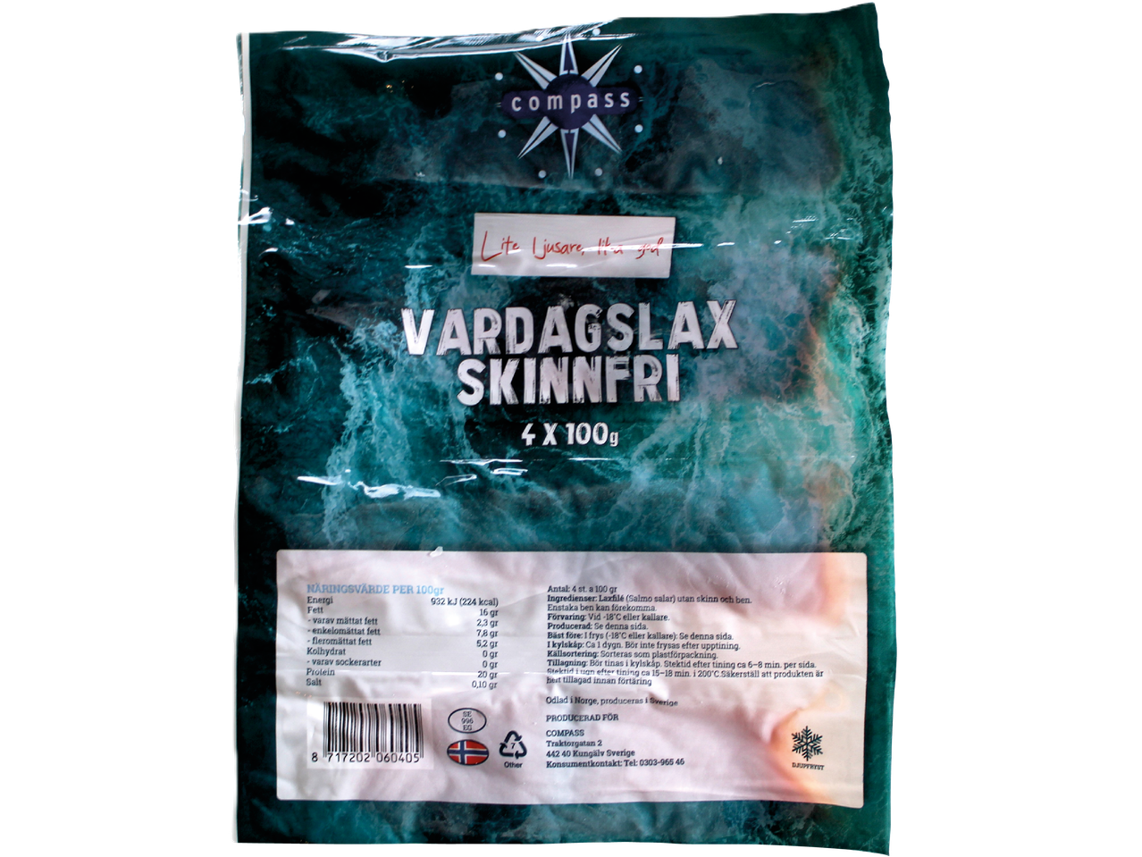 Compass Vardagslax skinnfri, fryst laxfilé i förpackning.