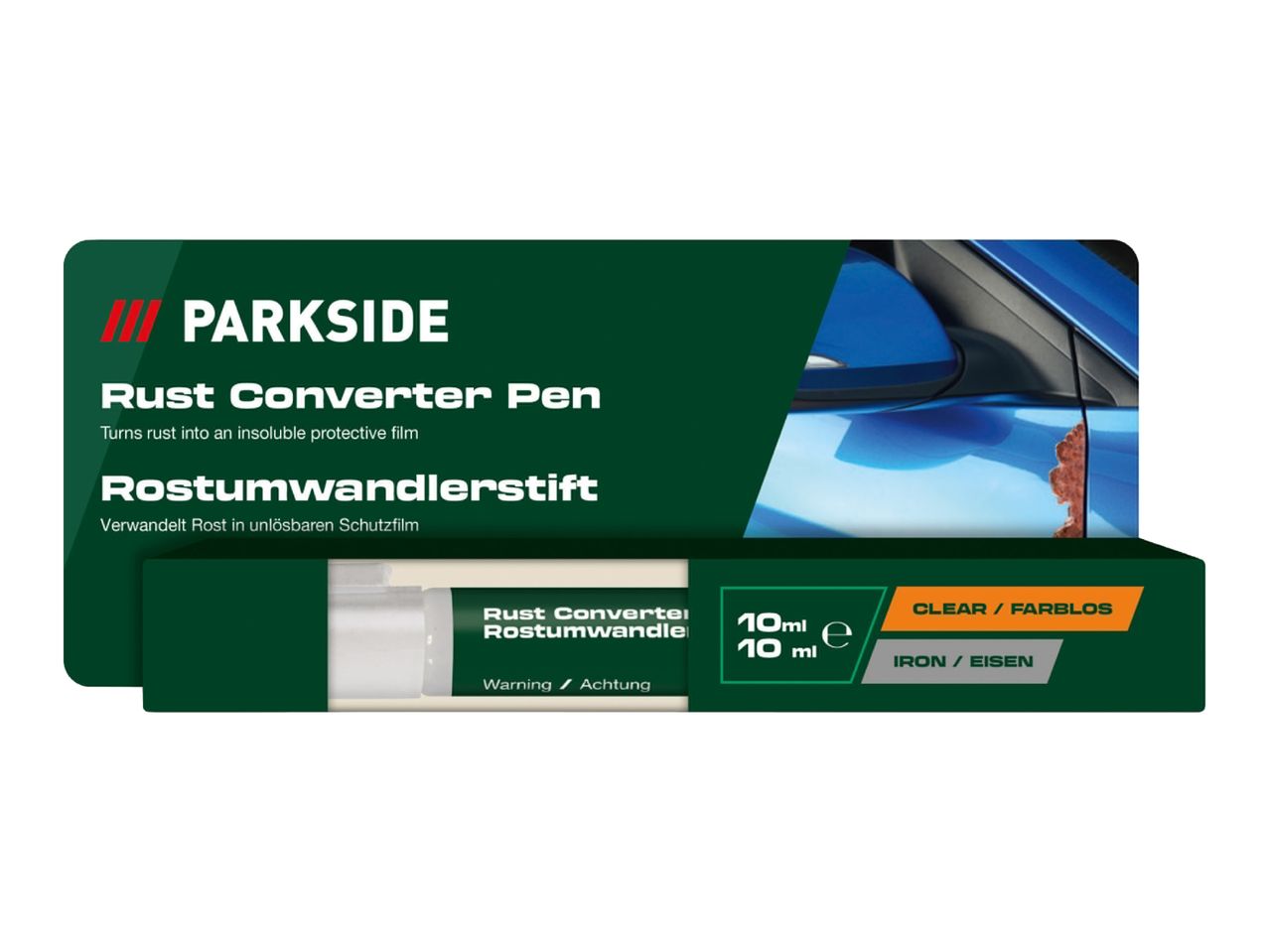 Rust converter pen for iron, 10ml, clear, with a car door showing rust.