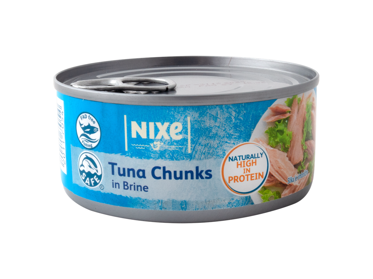 Konzerva tunjevine u salamuri sa oznakama za održivi ribolov i visok sadržaj proteina.