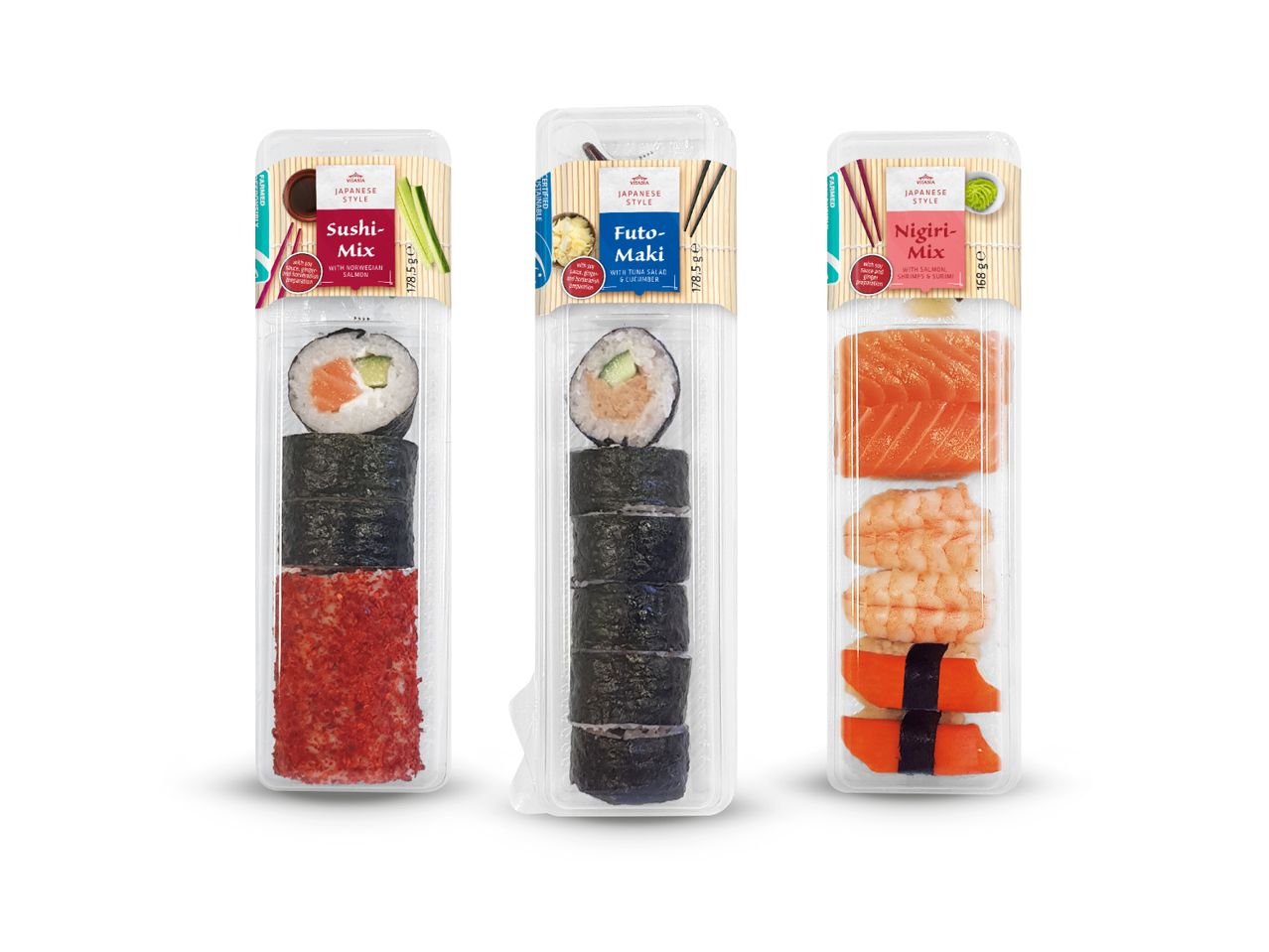 Tri pakiranja sushija marke Vitasia: Sushi-Mix, Futo-Maki i Nigiri-Mix.