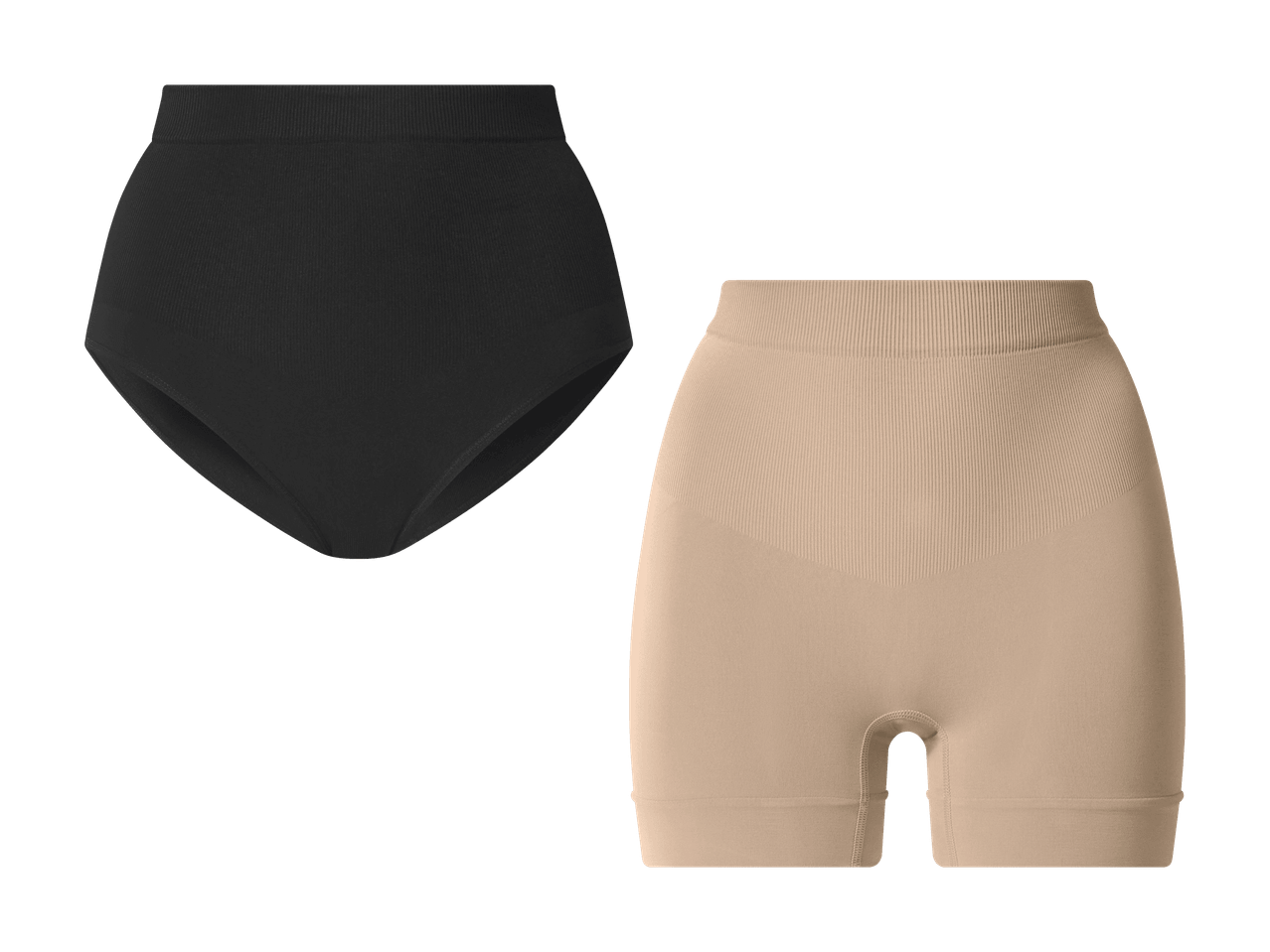 Zwei nahtlose Unterhosen: eine schwarze Panty und eine hautfarbene Shorty.