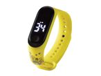 A yellow silicone kids' wristwatch with a black digital display and a cartoon dog design.