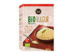 Embalagem de 500g de Bio Bulgur orgânico Golden Sun com bulgur cozido numa tigela.