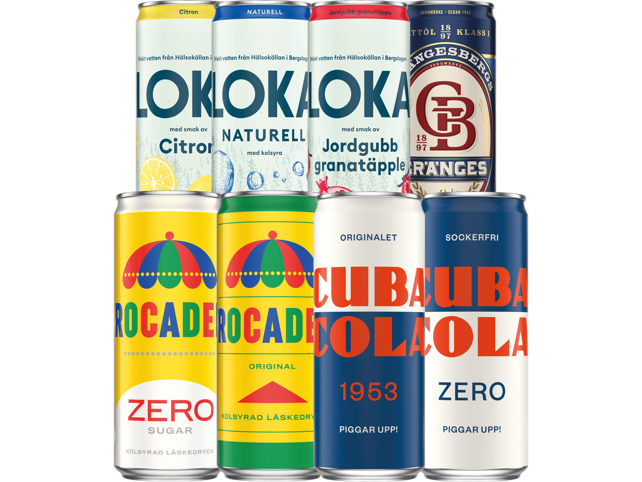 En samling läskedrycker i burkar, inklusive kolsyrat vatten med citronsmak, naturell och jordgubb/granatäpple, samt läskedrycker i retrostil.