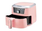 Pink air fryer with an open drawer, digital display showing 180 degrees Celsius.