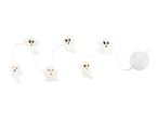 A string of ghost-shaped Halloween lights with a white battery pack.