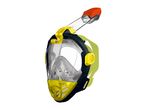 Full-face snorkeling mask with a clear visor, yellow accents, and an orange snorkel.