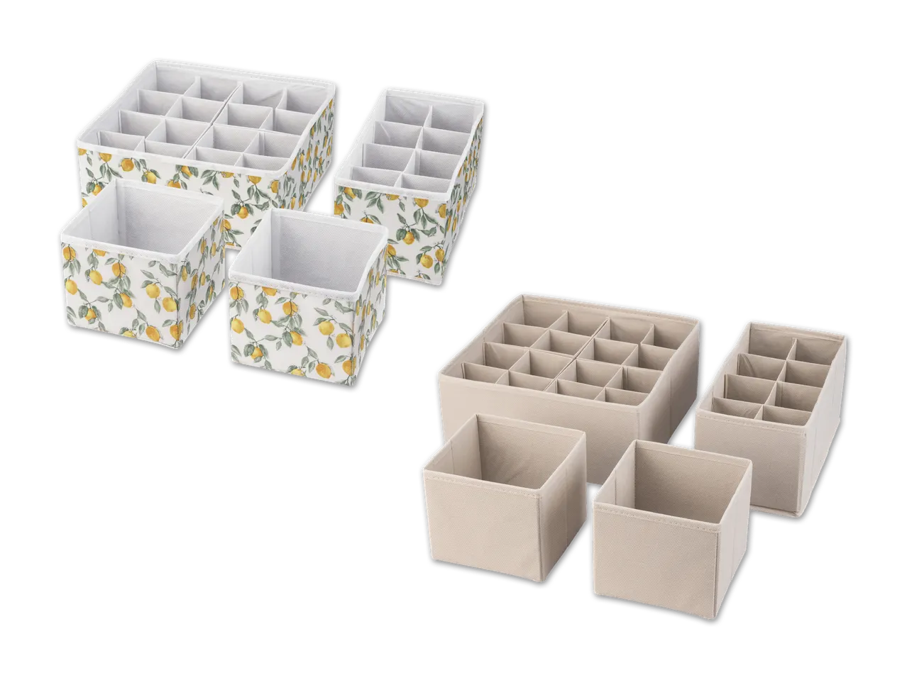 Sortierschalen-Sets in Weiß mit Blumenmuster und Beige.