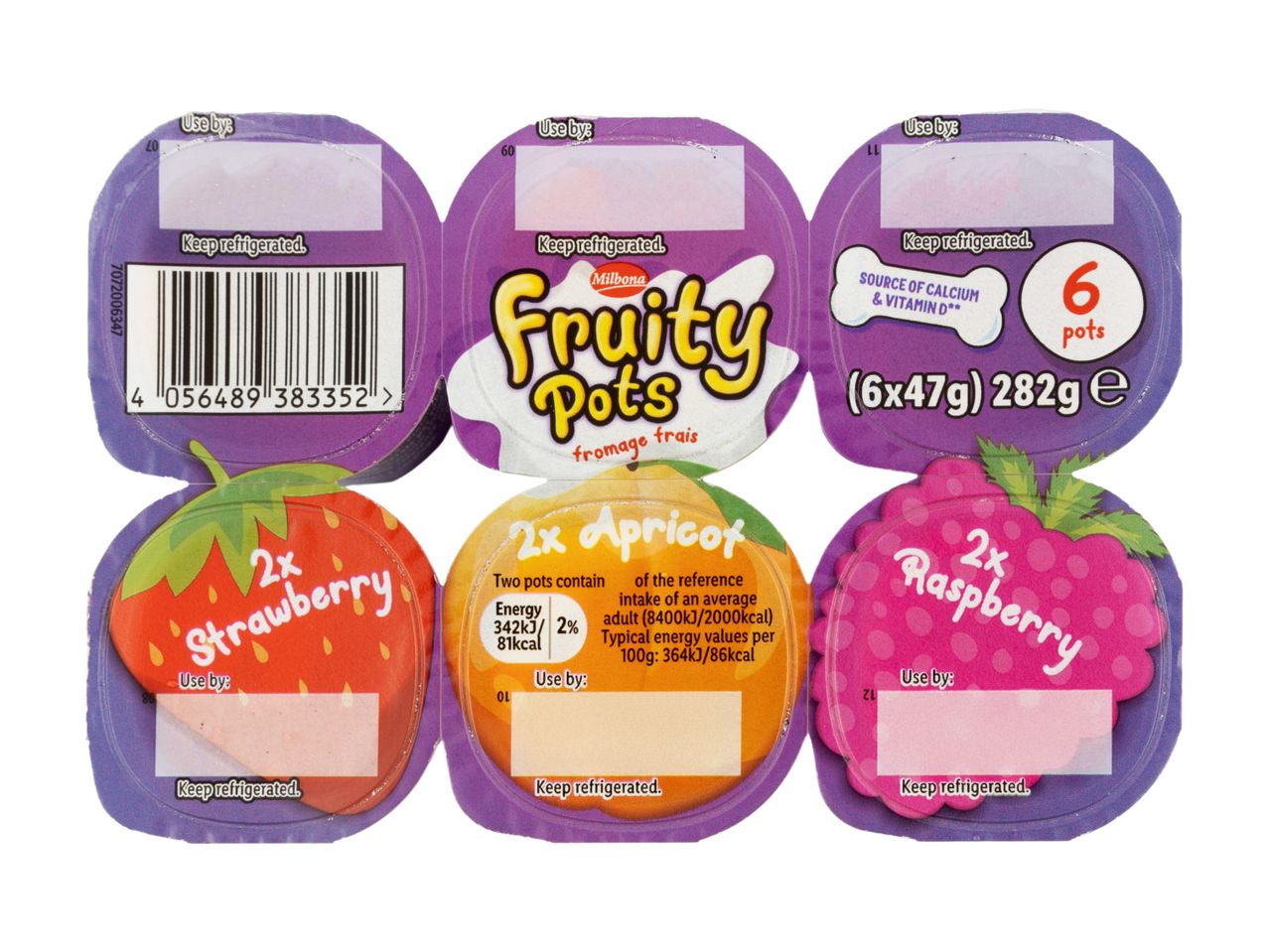 Milbona Fruity Pots yogurt with strawberry, apricot, and raspberry flavors.