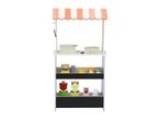 Wooden toy market stall with striped canopy, cash register, scale, and various play food items.