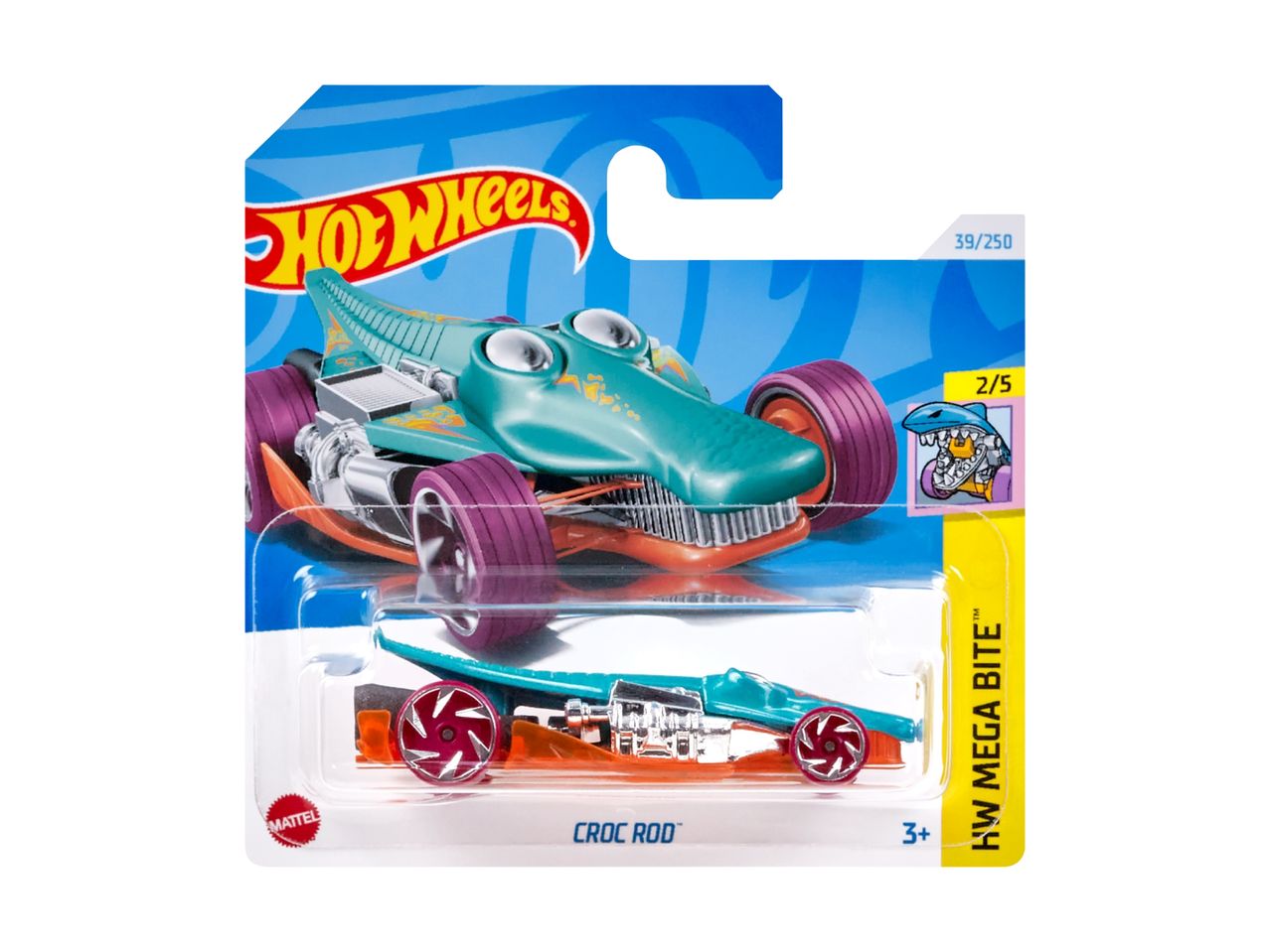 Legetøjsbil i krokodilledesign på emballage med Hot Wheels-logo og produktinformation.