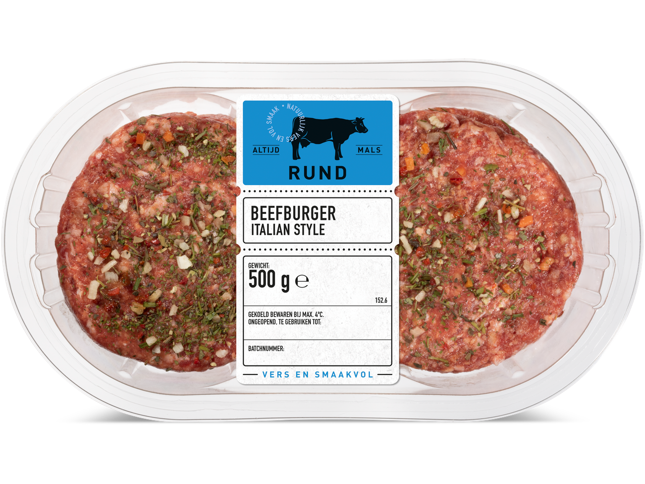 Twee Italiaanse beefburgers, 500g.