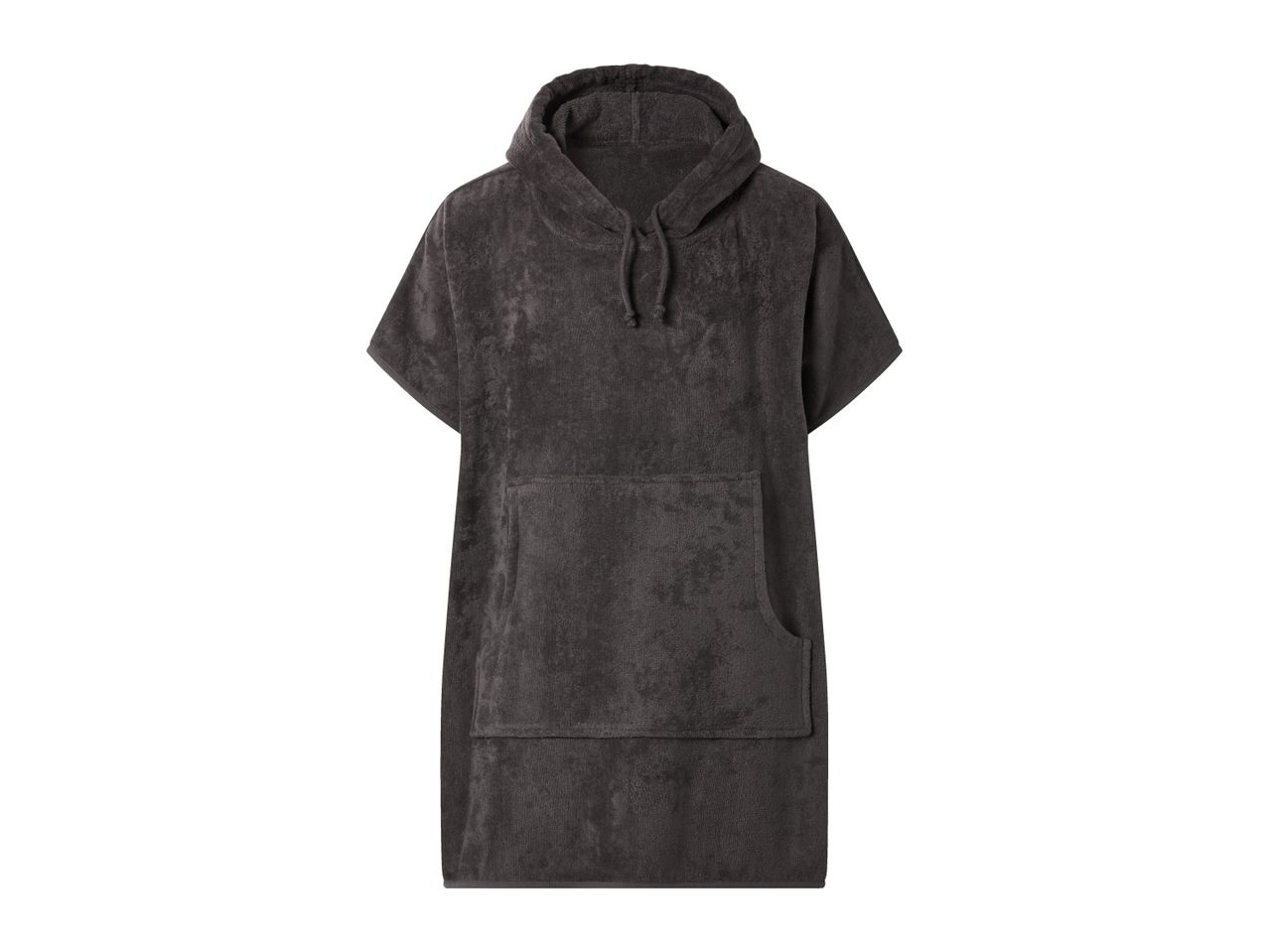 Dark grey hooded poncho towel with short sleeves and a front pocket