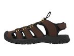 Brown and black men's outdoor sandal with adjustable bungee lacing and a sturdy sole.