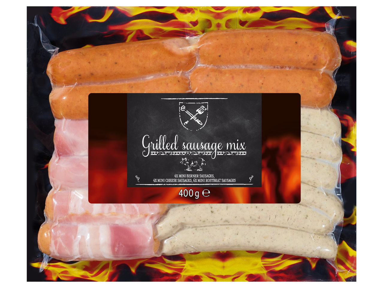 Grila desu maisījums plastmasas iepakojumā ar liesmu dizainu.