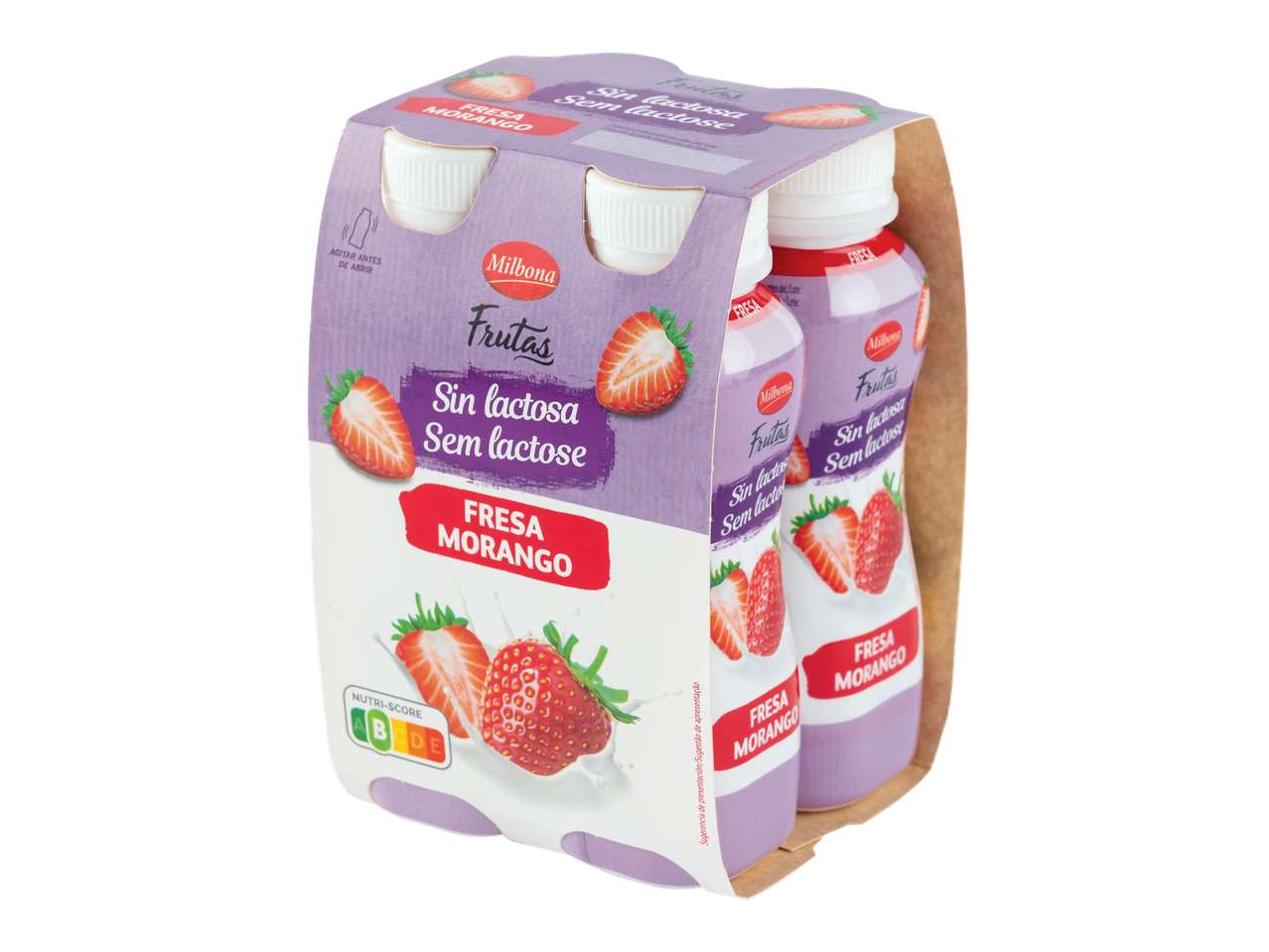 Iogurte líquido Milbona sem lactose de morango, pack de 4, com Nutri-Score A.