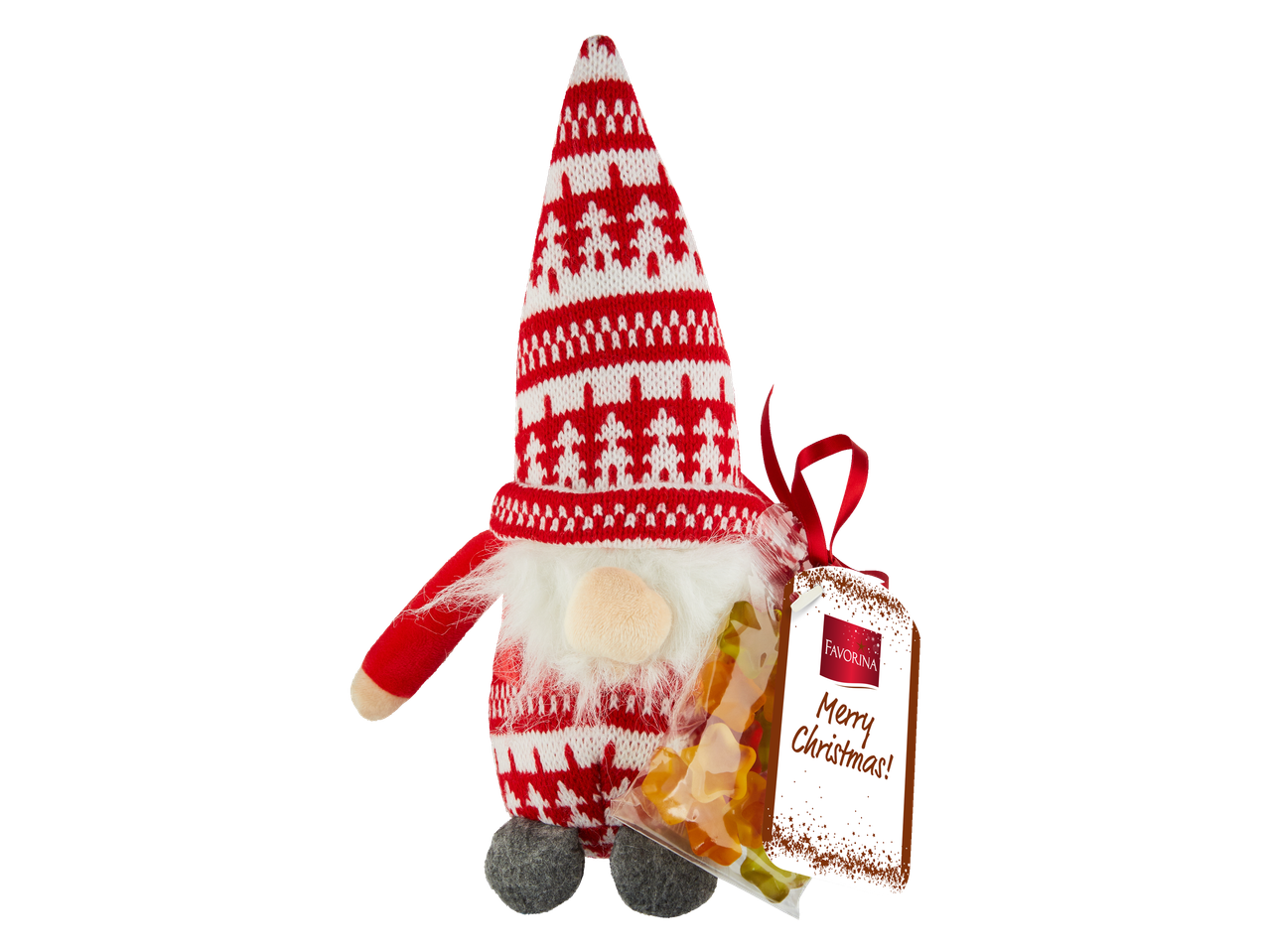 Favorina plīša rūķis ar sarkanu un baltu adītu cepuri, turot maisiņu ar zvaigžņu formas konfektēm.