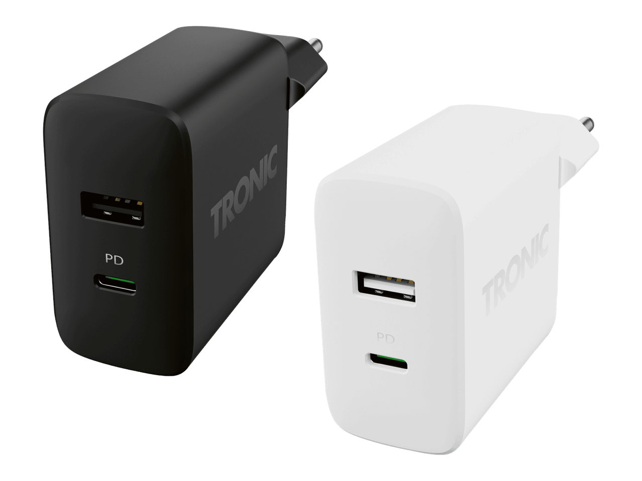 Kaksi USB-seinälaturia, toinen musta ja toinen valkoinen, joissa on USB-A- ja USB-C-portit.