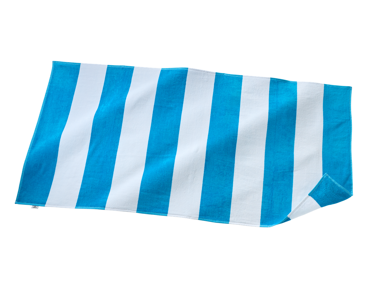 Serviette de plage rayée bleue et blanche.