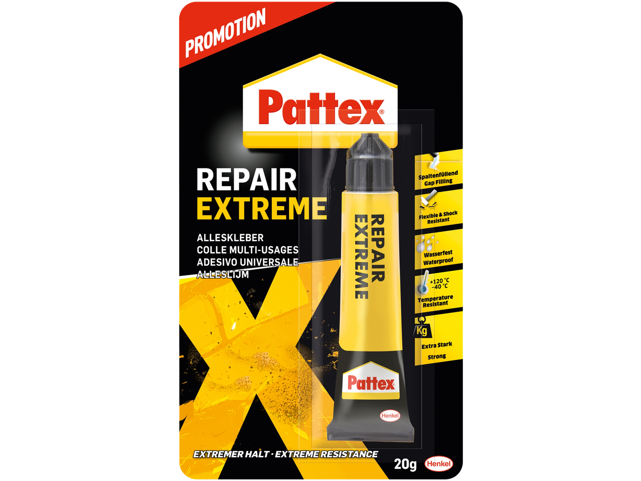 PATTEX Repair Extreme lijm, 20g, met spleetvullende, flexibele, waterdichte en temperatuurbestendige eigenschappen.