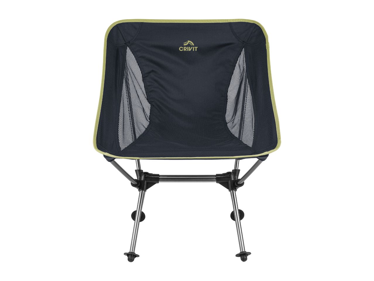 Black portable camping chair with mesh sides and olive green trim.