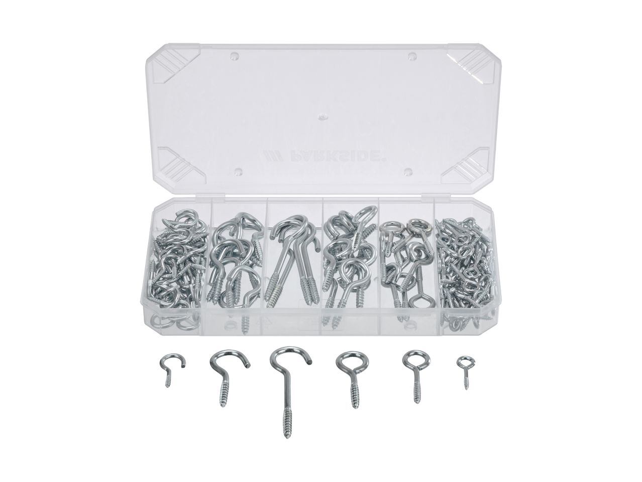 A clear plastic organizer box filled with various sizes of screw-in hooks and eyelets, with several pieces laid out below.