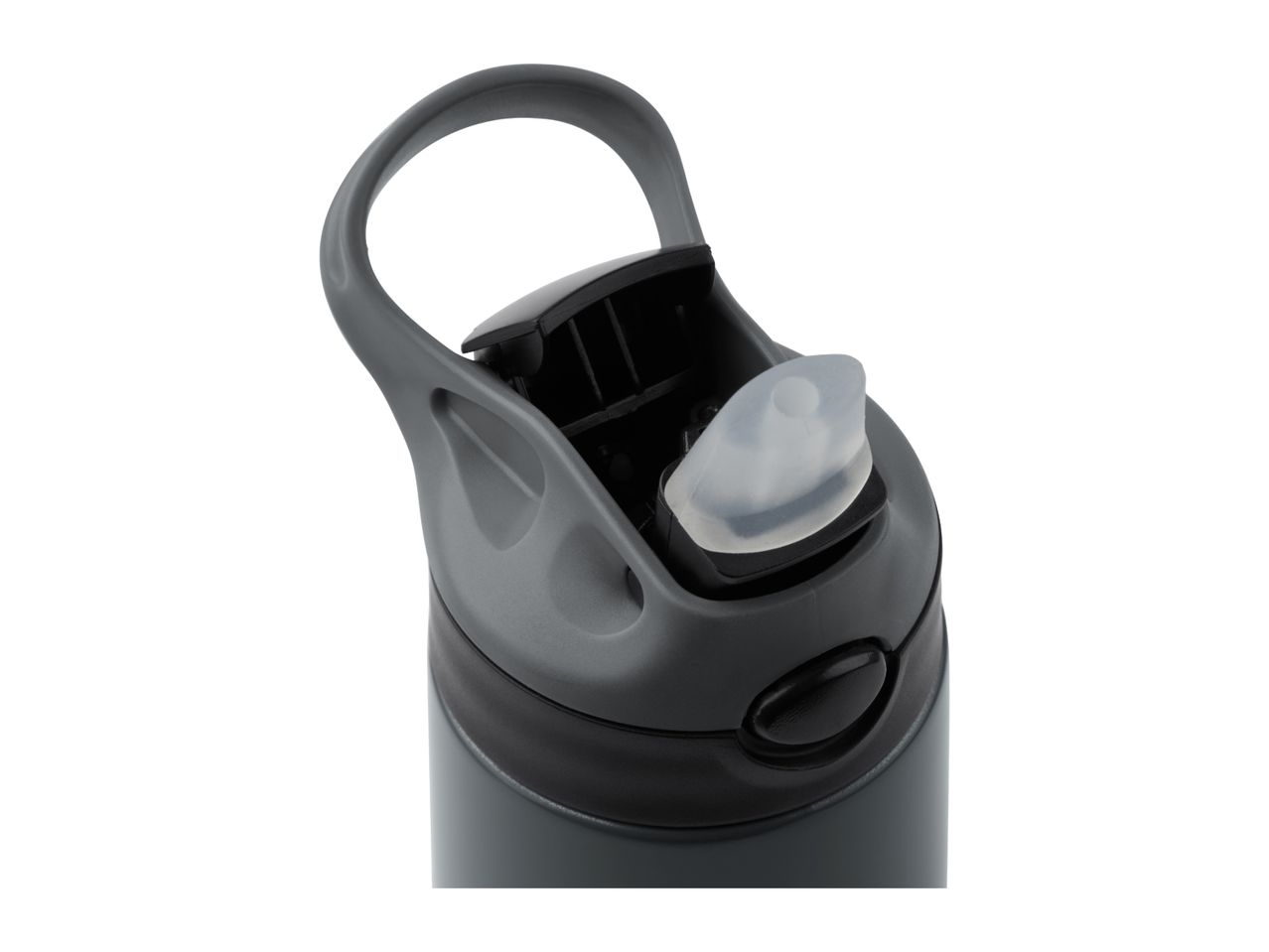 Close-up of a dark grey water bottle with a handle and a transparent spout