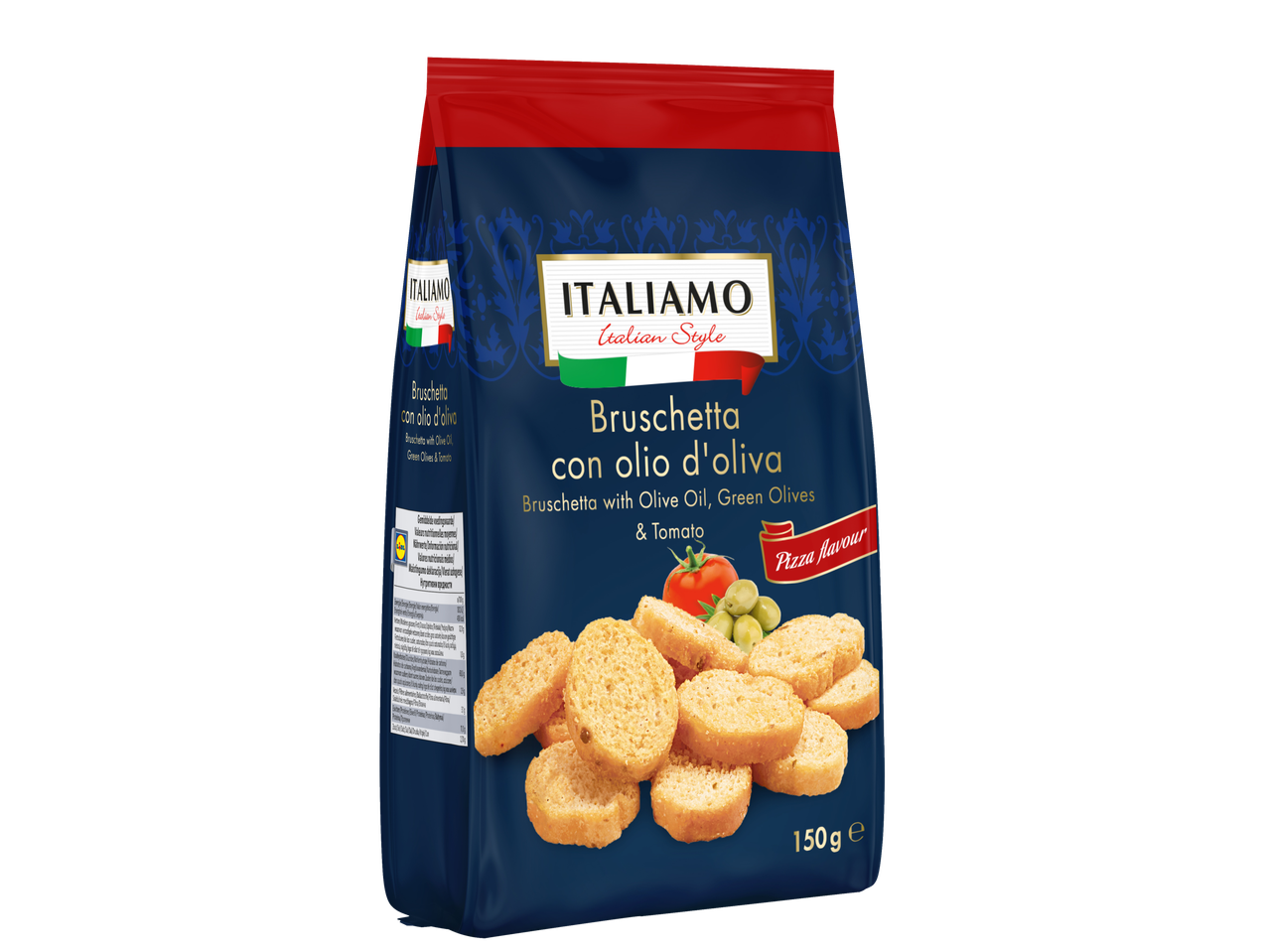 Saco de Bruschetta Italian sabor pizza com azeite, azeitonas verdes e tomate.